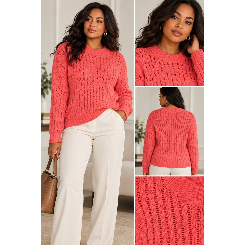 Ann Taylor XL Coral Pink Open Knit Cable Sweater Cotton Blend Oversized